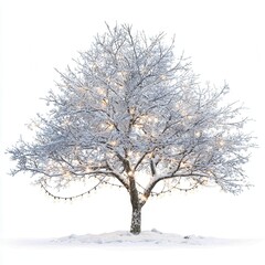 Fototapeta premium Snow-covered tree with lights stands in the winter landscape during the day