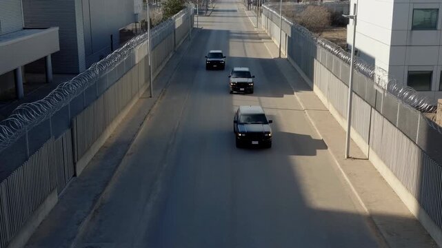 VIP Transport Traveling Along Narrow Route With Security Vehicles And Overhead Aerial Monitoring