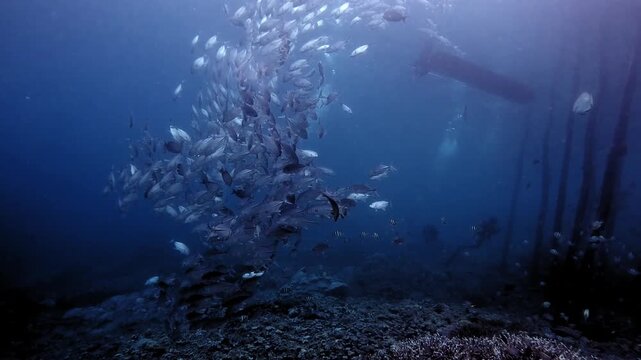 Schooling jackfish swimming in mesmerising shapes down to a coral reef and back up again, close to a wooden pier.