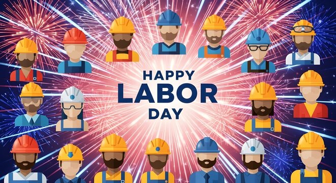 Happy Labor Day celebration with diverse construction workers and fireworks background, representing unity and hard work for holiday banners and promotions