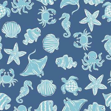 Seamless nautical sea animal pattern. Vintage block print ocean life background with turtle, octopus, and starfish. Blue coastal marine textile design.