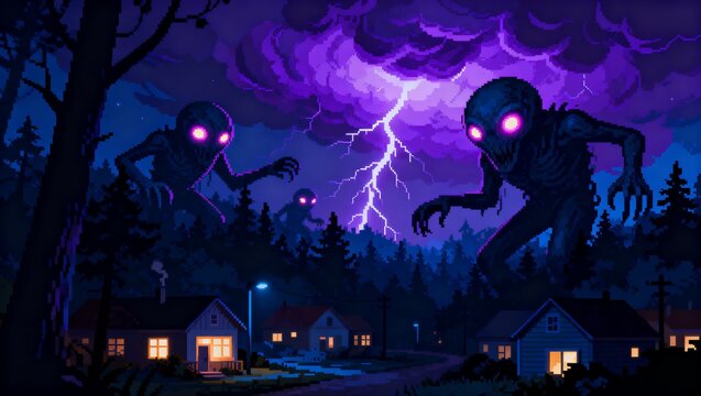 夜の町に現れるエイリアンモンスター侵略のピクセルアート
