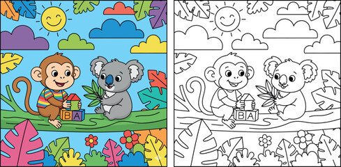 Cute Cartoon Monkey and Koala Playing with Alphabet Blocks in a Colorful Jungle Tree