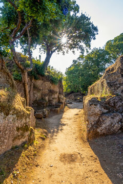 Tomb passage at Necropolis of Cerveteri with sunlight in Lazio Italy