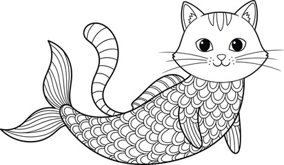 Whimsical purrmaid illustration featuring fantasy cat-mermaid hybrid with smiling feline face, fish scales, and striped curved tail for children’s artwork or creative design. © MDSHISHIRHASAN