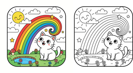 Obraz premium Cute Cartoon White Cat Enjoying a Sunny Day with a Swirling Rainbow and Pond