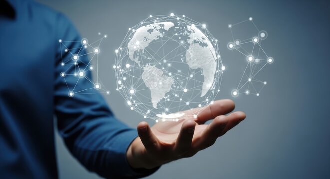 Man's hand holding glowing digital globe representing global network and connectivity
