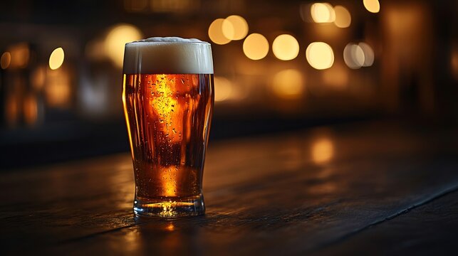 Golden Beer in Dramatic Illumination, Perfectly Poured Pint with Rich Head and Bubbles on Table