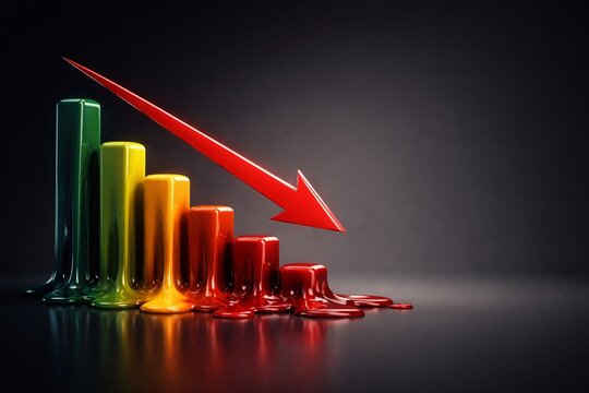 Melting colorful bar chart and red downward arrow
