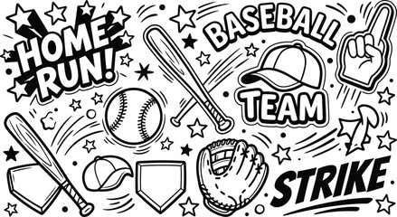 Vector illustration of baseball themed graphic design with text and sports equipment © LoveU