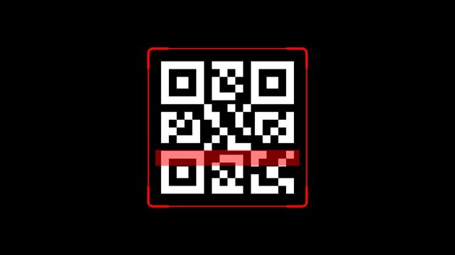 QR code scanning animation with red digital scan line and frame, alpha channel. Mobile barcode scan effect for payment, technology interface, app UI, security and identification