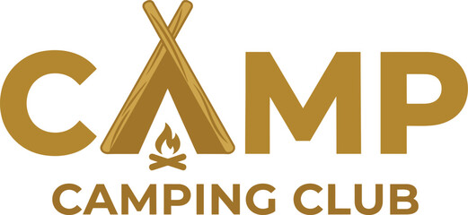 Golden camping club logo with tent and campfire design elements © LoveU