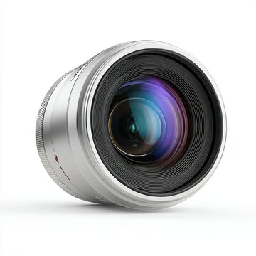 High quality camera lens with silver finish and colorful glass showing its intricate build and design details