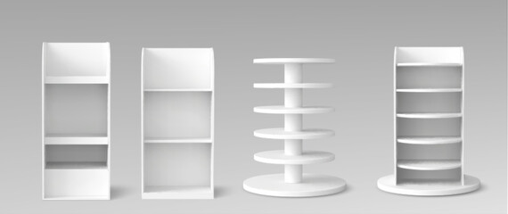 White book shelf, retail display stand mockup for supermarket products, 3d realistic vector illustrations. Empty wooden shelf rack for point-of-sale advertising, store gondola template isolated on bg © klyaksun