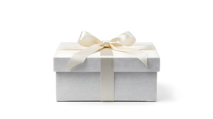 Fototapeta premium Minimalist white luxury gift box with soft satin ribbon bow, elegant premium packaging isolated on white background.