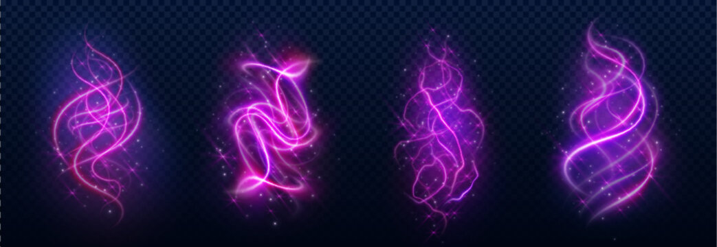 Magic smoke swirls with glowing light effects, fantasy spell design elements, vector set isolated on transparent background. Neon sparkles with purple mystical energy trails, shining particles