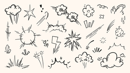 Dynamic comic book action emphasis with explosive cartoon effects, vector set isolated on white. Super hero power line icons, motion burst elements, doodle manga illustrations, anime pattern © klyaksun