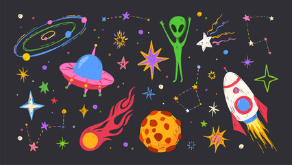 Color chalk pattern with planets and space rockets on black background. Vector cartoon illustration of crayon doodle stars, alien spacecraft, comets flying with burning tails, kid galaxy design © klyaksun