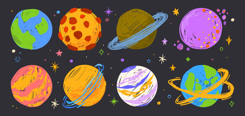 Planet crayon doodles with colorful space elements. Hand-drawn children galaxy art, Earth and moon, stars with felt pen texture, cartoon vector icons isolated on black. Kids sketch design © klyaksun