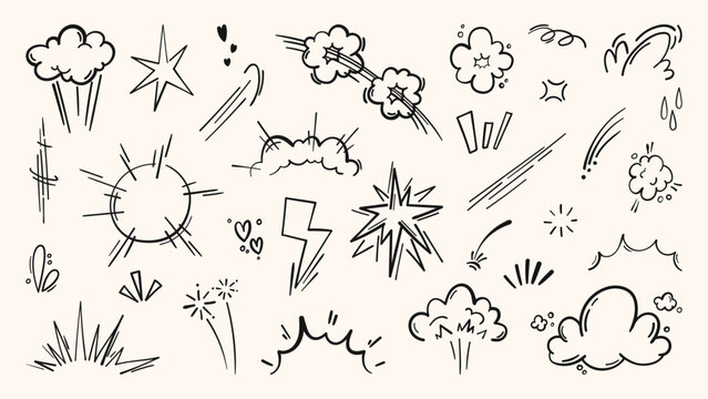 Dynamic comic book action emphasis with explosive cartoon effects, vector set isolated on white. Super hero power line icons, motion burst elements, doodle manga illustrations, anime pattern