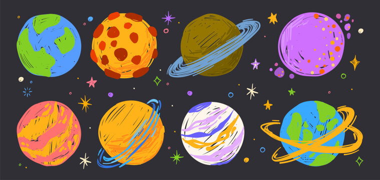 Planet crayon doodles with colorful space elements. Hand-drawn children galaxy art, Earth and moon, stars with felt pen texture, cartoon vector icons isolated on black. Kids sketch design