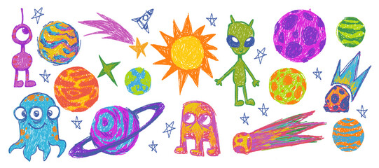 Set of childish crayon space objects and aliens isolated on white background. Vector cartoon illustration of funny chalk Earth, doodle stars, alien creatures and spacecraft, comets with burning tails © klyaksun