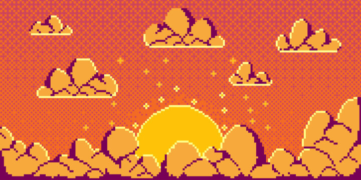 Pixel art orange sky with yellow fluffy clouds and sun. Retro 8-bit game illustration, vector cartoon background. Bright sunset atmosphere for arcade video adventures, mosaic texture