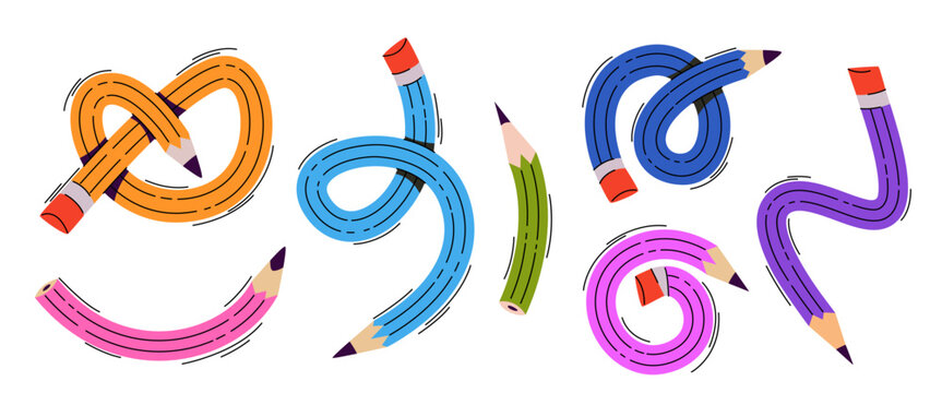 Cute twisted school pencils, vector set of illustrations isolated on white background. Colorful flexible stationery icons with curve shapes for children's education projects, comic art design elements