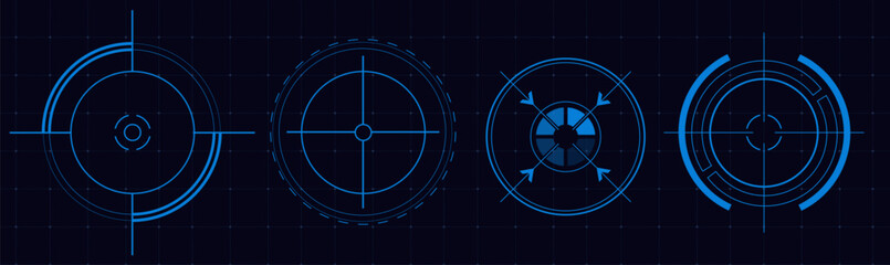 Futuristic hud circles with glowing digital frame, neon target interface, abstract vector illustrations isolated on background. High tech game screen elements for sci-fi design projects © klyaksun