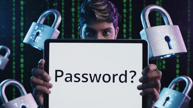 Young male presenting a digital tablet displaying the word "Password?" surrounded by floating padlocks and binary code in a futuristic digital environment