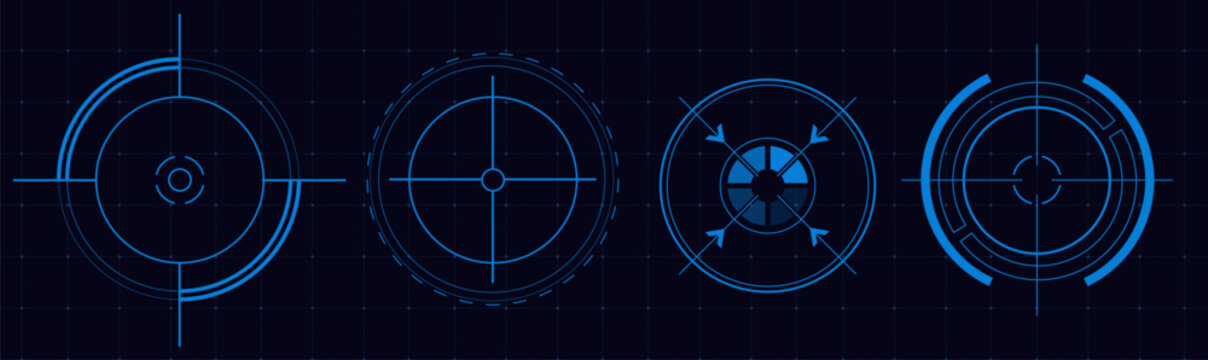 Futuristic hud circles with glowing digital frame, neon target interface, abstract vector illustrations isolated on background. High tech game screen elements for sci-fi design projects