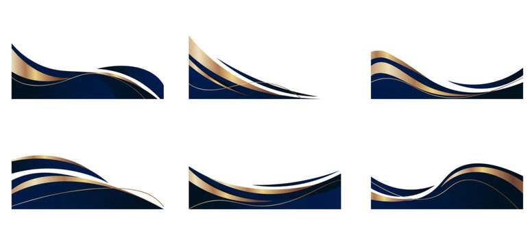 Elegant gold wave design with flowing curves and decorative corner elements, abstract vector background set. Luxury blue and golden borders for certificates, invitations, and premium frame templates