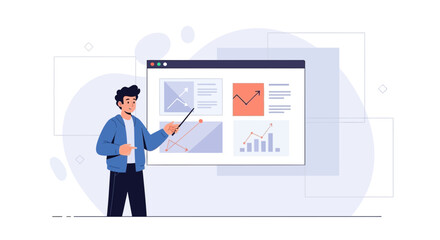 Obraz premium Man presenting business growth charts on a digital screen, data analysis concept