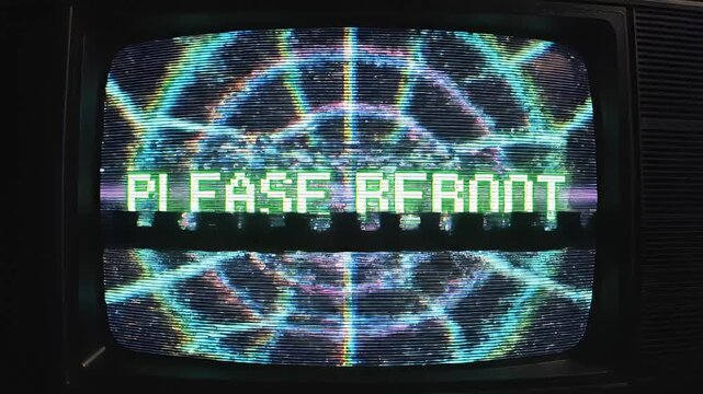 A video of a vintage TV screen displaying a glitchy reboot message