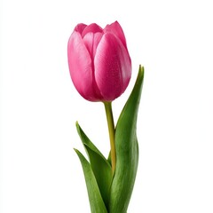 Naklejka premium Bright pink tulip stands alone with green leaves against a white background during spring bloom season