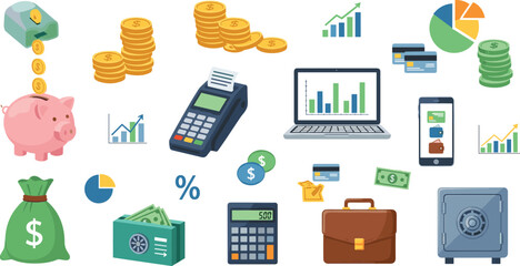 Finance and Business Icon Set with Piggy Bank, Coins, Cash Register, Laptop Analytics, Calculator, Credit Card, Safe, and Financial Growth Elements