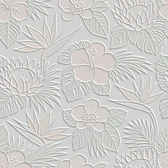 Obraz premium Elegant 3D embossed seamless pattern with tropical flowers and leaves. White and grey monochrome textured floral background with emboss hibiscus and protea in a sophisticated paper cut style.