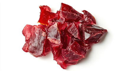 Obraz premium Raw beef chunks with deep red color and texture isolated on white background. Protein-rich food concept representing meat preparation and cooking ingredient.