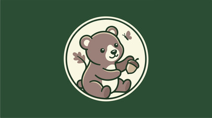 Cute Cartoon Bear Holding an Acorn with a Butterfly.