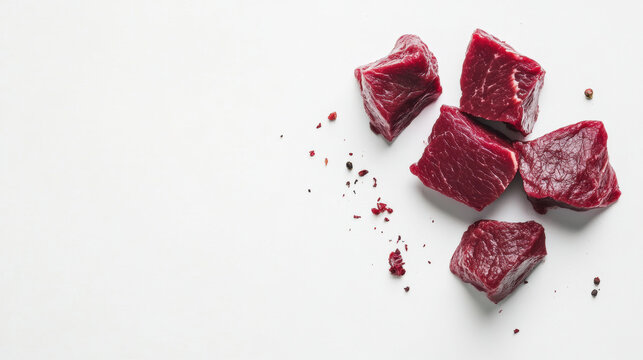 Cubes of raw beef meat isolated on white background. Minimal composition highlighting texture, freshness and protein-rich ingredient.