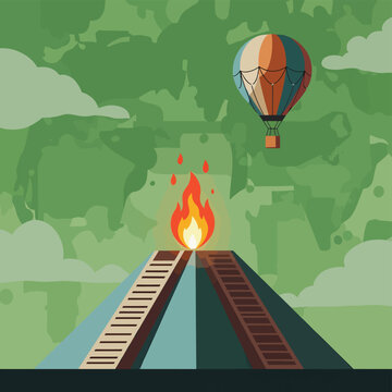 Aztec Pyramid with Fire and Hot Air Balloon
