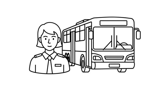 Bus Driver and Public Transport Vehicle Line Art Illustration