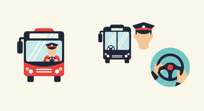 Bus Driver and Steering Wheel Icons: Public Transport and Driving Concept