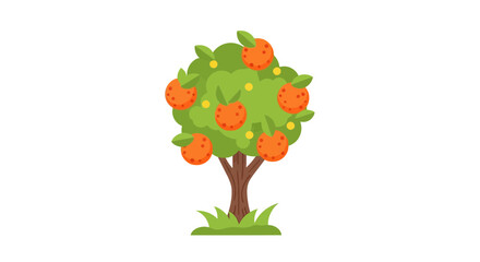 Cartoon Orange Tree with Ripe Fruits and Green Leaves on White Background