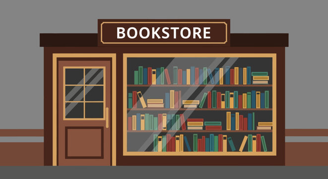 Illustration of a cozy bookstore facade with a door and a large window display of books.
