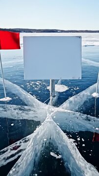 Ice fishing setup with red flags and a blank sign on a frozen lake, showcasing the ice surface and surrounding winter landscape in a clear blue sky