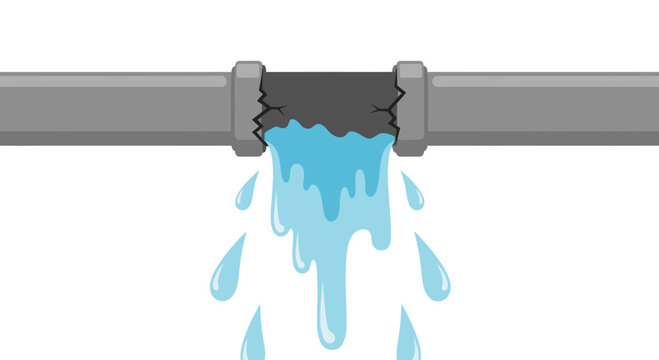 Damaged pipe leaking water, plumbing leak concept, isolated on white background