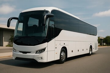 Modern luxury tour bus parked.