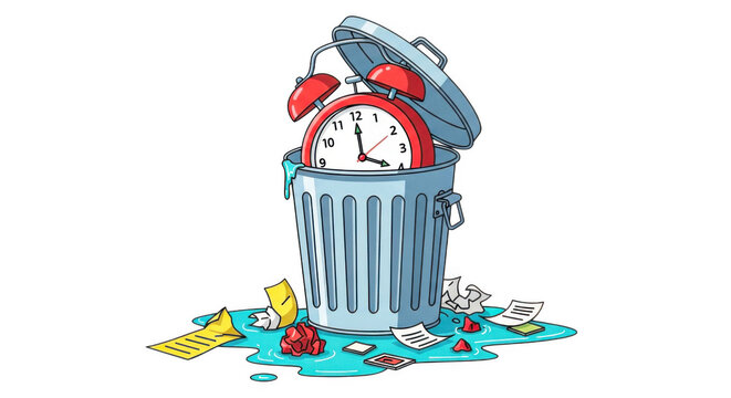 Cartoon illustration of an alarm clock in a trash can with garbage isolated on transparent background