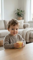 Fototapeta premium Smiling preschooler boy enjoying his healthy breakfast drink at a bright wooden table in a cozy home environment, promoting healthy eating and childhood wellness